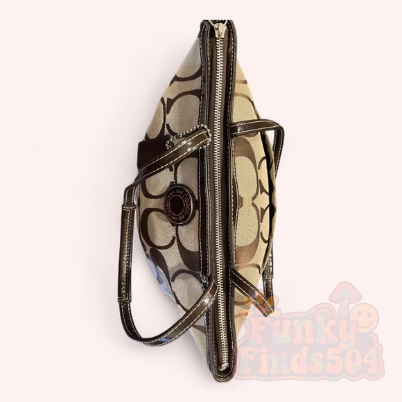 Coach Signature Stripe Tote F19046 Khaki Brown Canvas Leather Trim Purse Bag - Picture 6 of 14